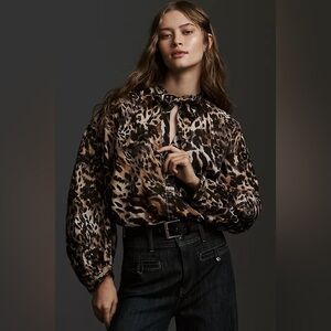 Anthropologie Pilcro Animal Print Tie Neck Relaxed Fit Button Front Blouse Sz M
